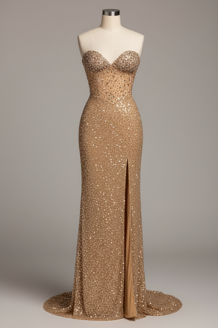 Champagne gold fully beaded evening gown - hem and slit detail