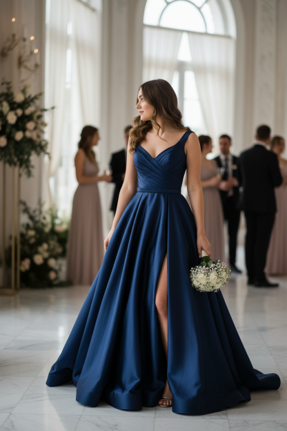 Bridesmaid wearing navy blue satin sweetheart crisscross high slit A-line dress - side