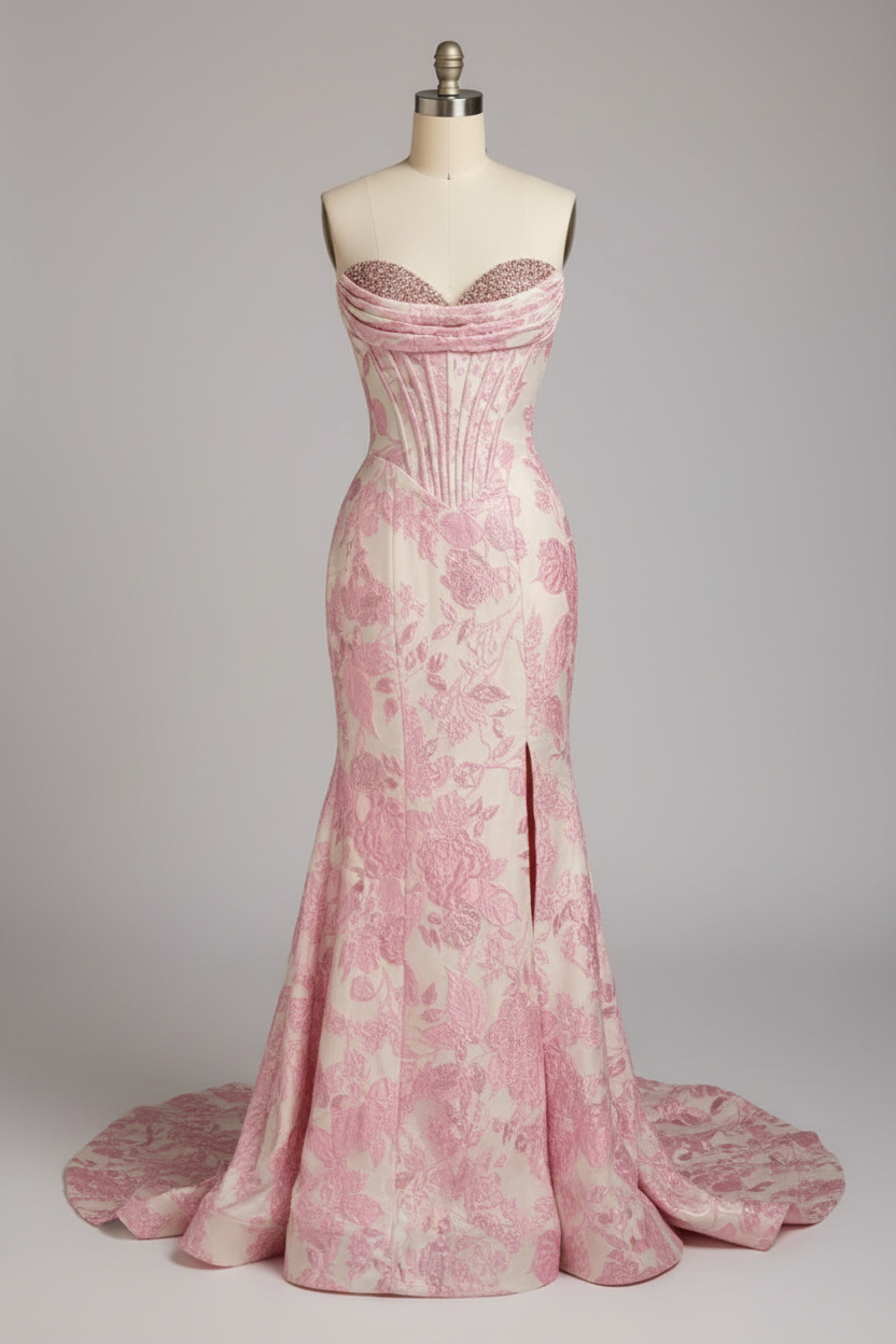 Pink floral embroidered mermaid prom dress - front view