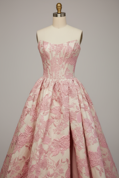 Pink floral embroidered ball gown - embroidery detail