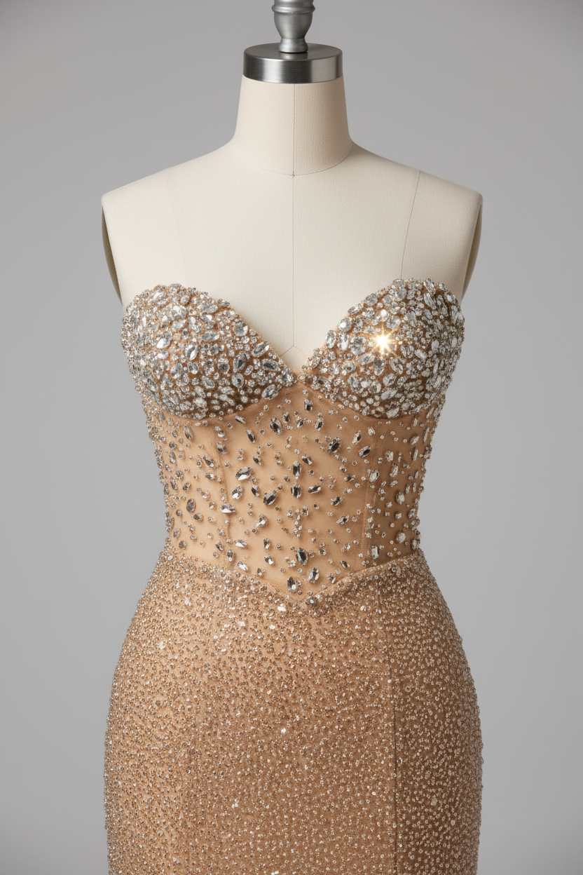 Champagne gold fully beaded evening gown - bodice detail