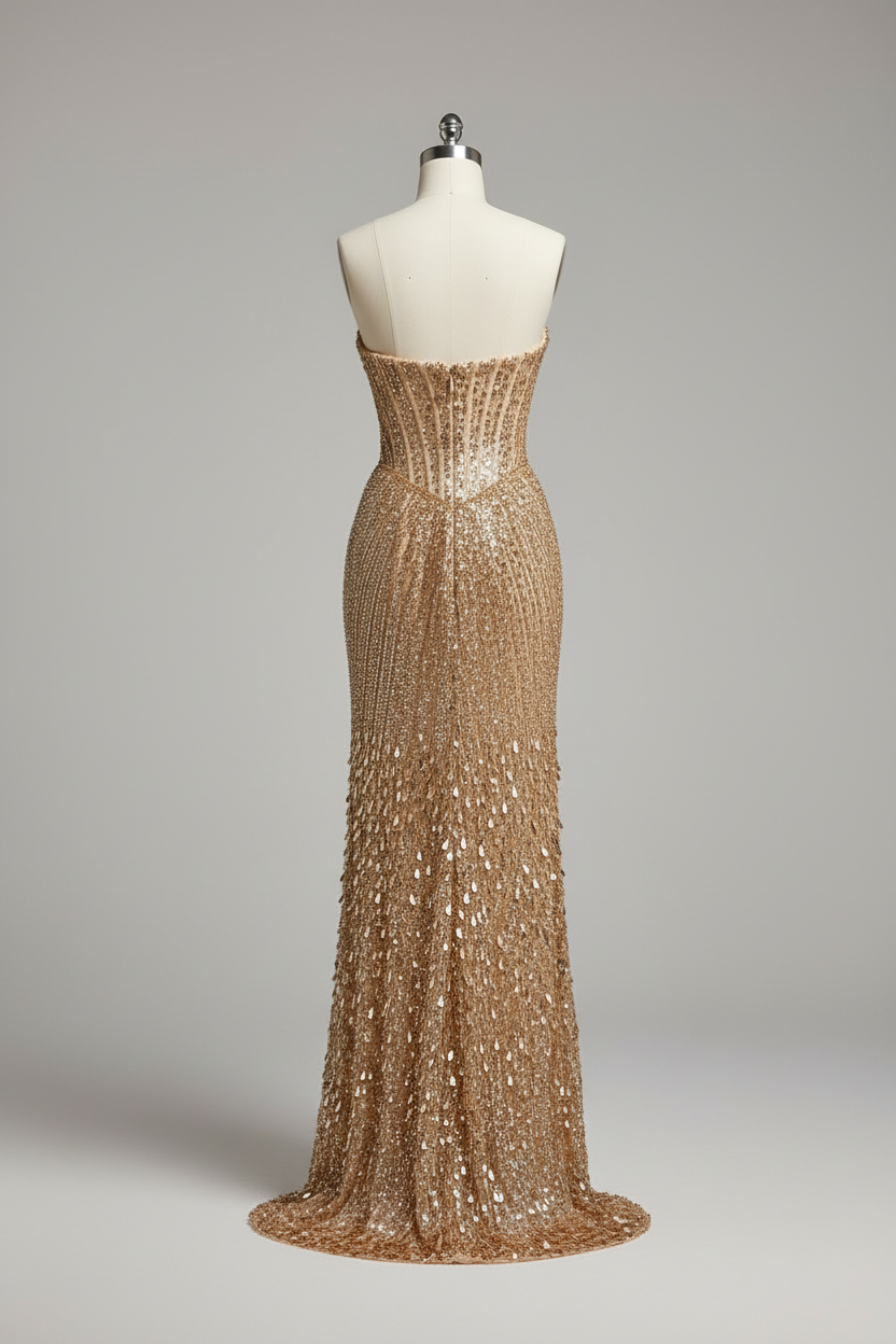 Gold fully beaded sunburst fitted evening gown - back view