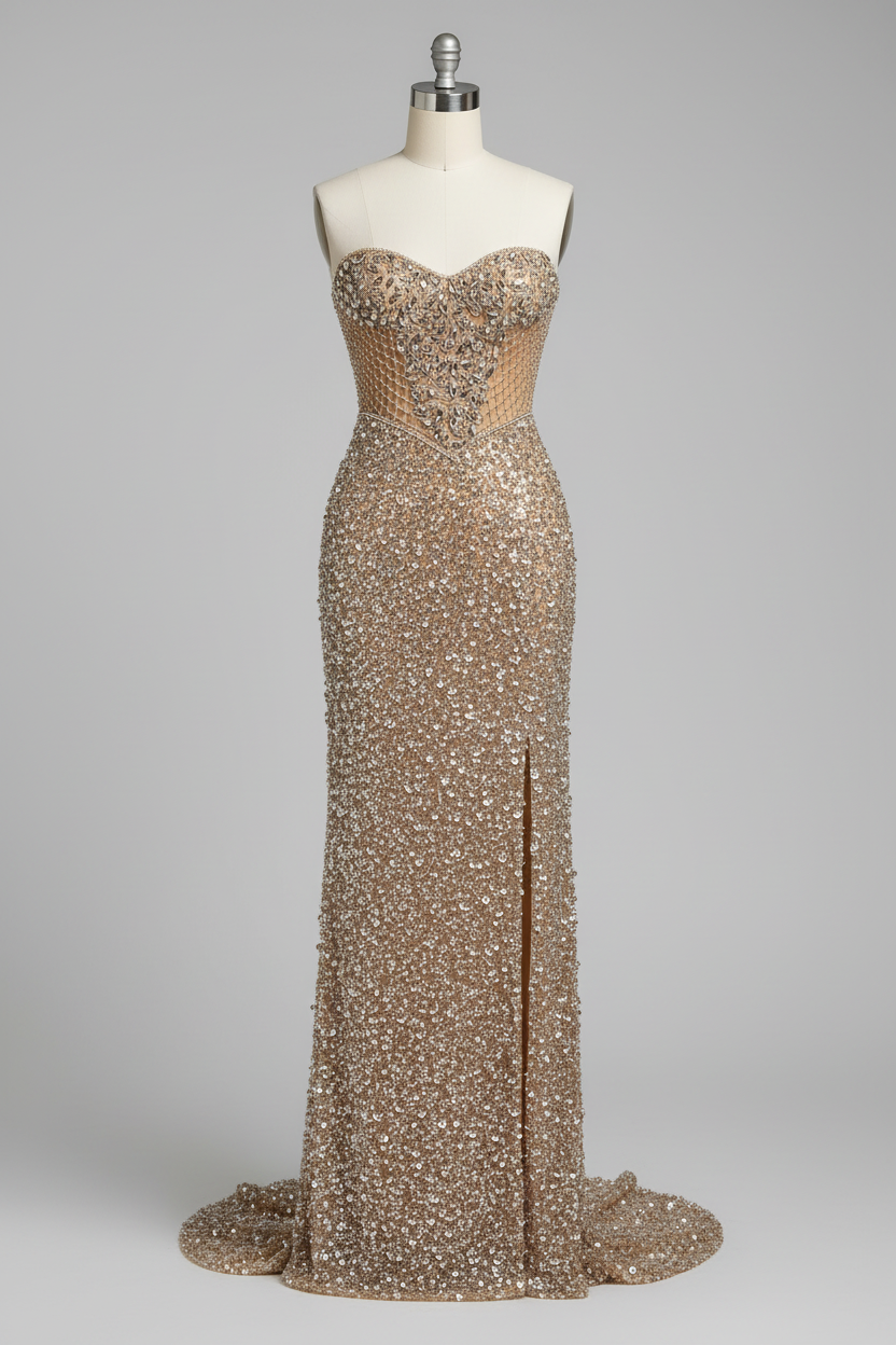 Champagne gold lattice mesh beaded evening gown - front view