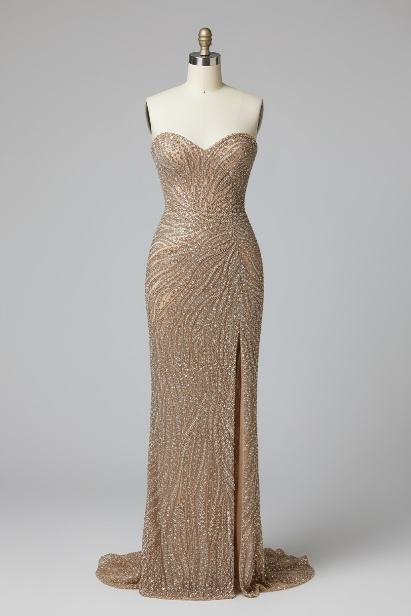 Champagne gold ruched beaded evening gown - front view