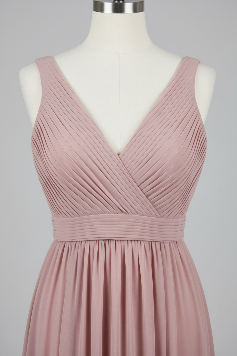 Dusty rose chiffon pleated V-neck A-line bridesmaid dress - bodice detail