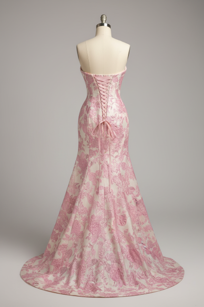 Pink floral embroidered mermaid prom dress - corset back view