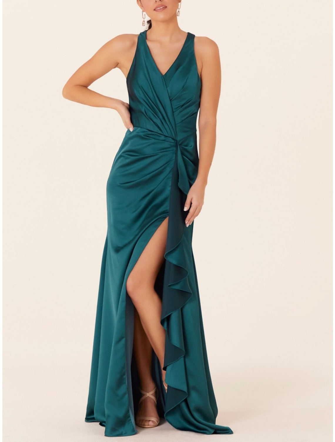 V-Neck Floor-Length A-Line Bridesmaid Dresses With Side Split