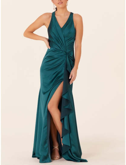V-Neck Floor-Length A-Line Bridesmaid Dresses With Side Split