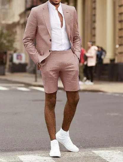 Two-Piece Men's Linen Suit In Solid Colors Tailored Fit With Single Breasted Two-Button Design