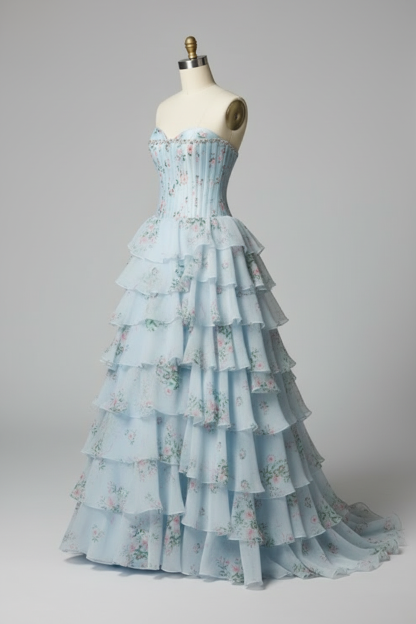 Light blue floral print ball gown - side view