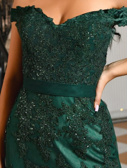 Off-the-Shoulder Floor-Length Prom Dress with Applique and Side Split