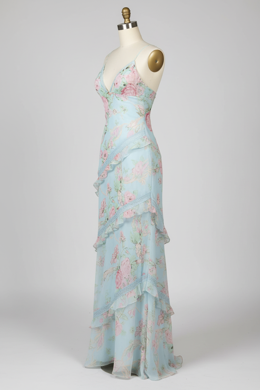 Light blue floral print tiered ruffle prom dress - alternate side view