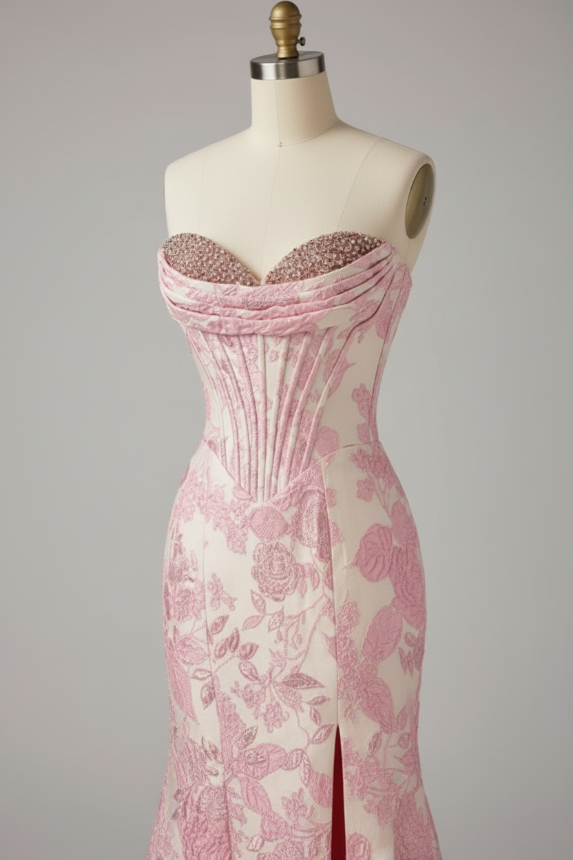 Pink floral embroidered mermaid prom dress - embroidery detail