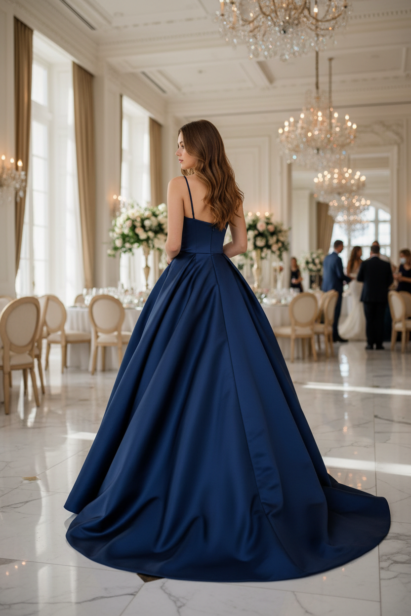 Bridesmaid wearing navy blue satin sweetheart crisscross high slit A-line dress - back