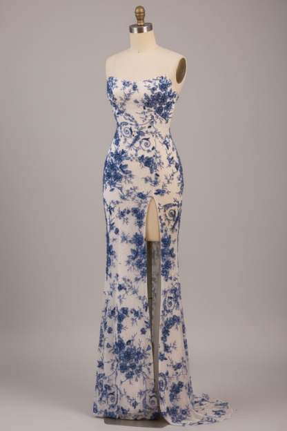 White mermaid prom dress with blue lace - alternate side view