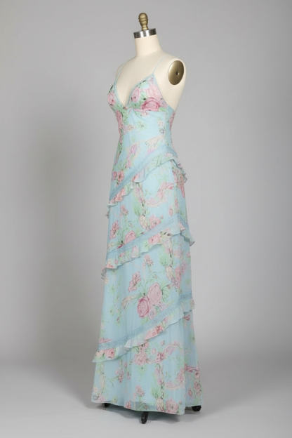 Light blue floral print prom dress - side view