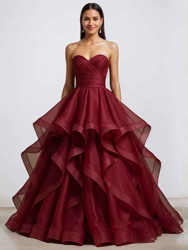 Burgundy A Line Strapless Wrinkles Long Formal Evening Dress
