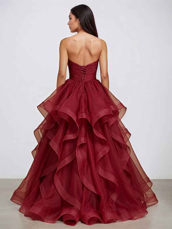 Burgundy A Line Strapless Wrinkles Long Formal Evening Dress