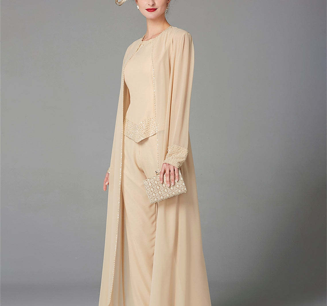 Long-Sleeve Chiffon Pantsuit with Jacket and Sequins for the Mother of the Bride