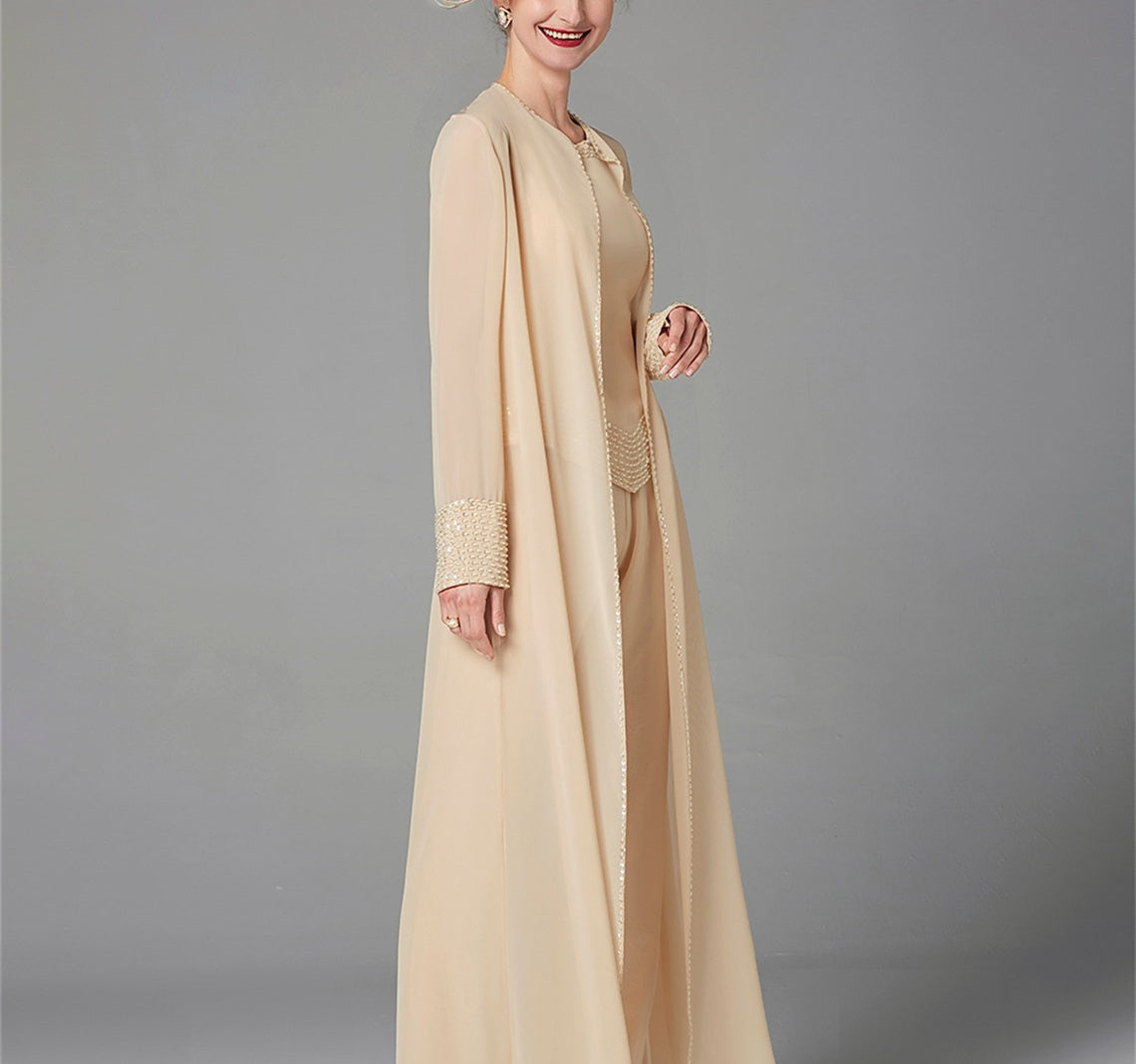 Long-Sleeve Chiffon Pantsuit with Jacket and Sequins for the Mother of the Bride
