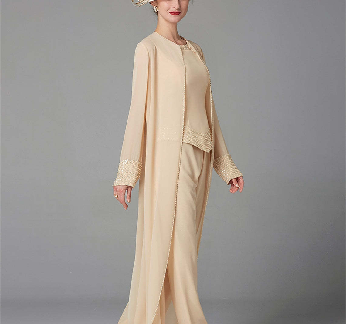 Long-Sleeve Chiffon Pantsuit with Jacket and Sequins for the Mother of the Bride