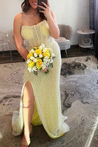 Sparkly Light Blue Mermaid Strapless Long Corset Prom Dress with Slit