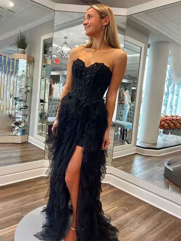 Black A Line Tulle Strapless Tiered Prom Dress with Applique