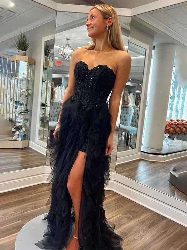 Black A Line Tulle Strapless Tiered Prom Dress with Applique