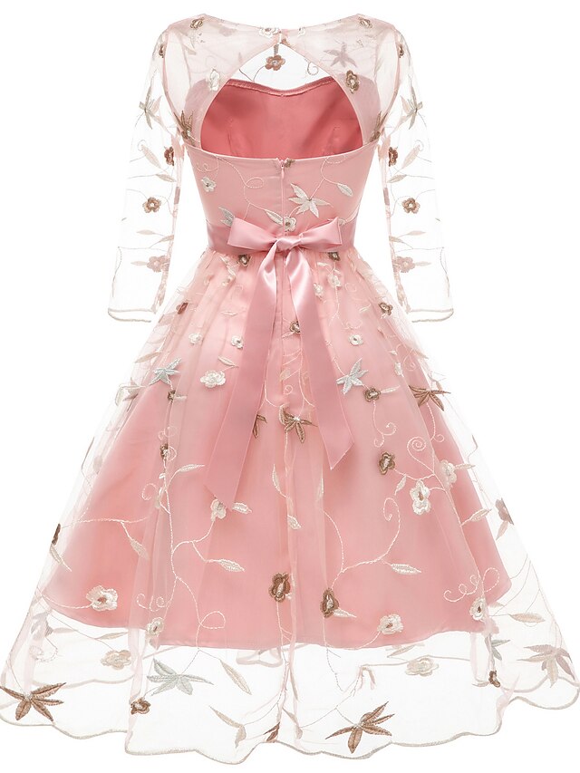 Knee-length A-line princess party dress with off-the-shoulder sleeves and embroidery appliques