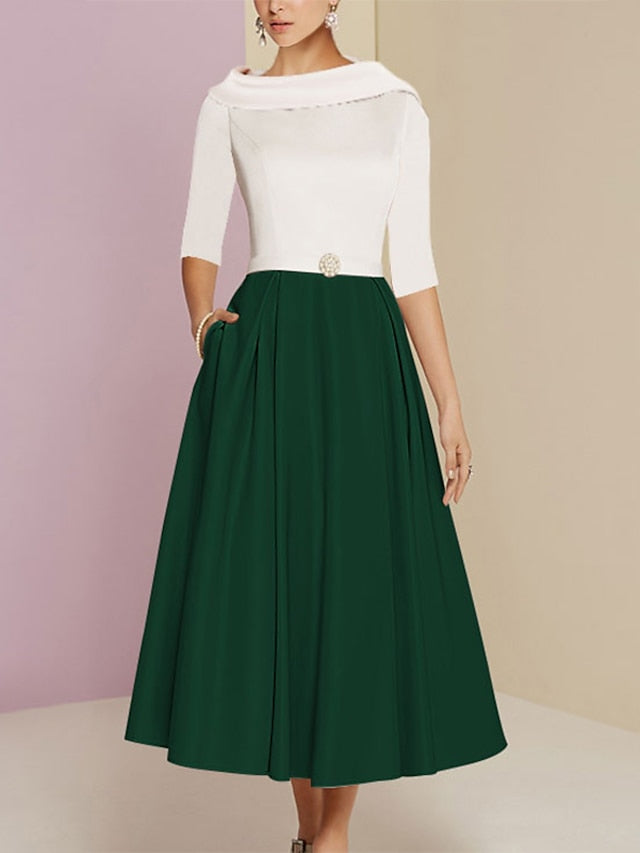 Tea-Length Mother of the Bride A-Line Dress with Jewel Neckline Half Sleeves Pleats and Pockets