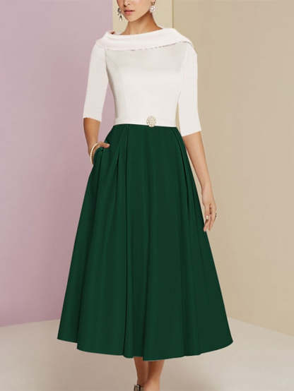 Tea-Length Mother of the Bride A-Line Dress with Jewel Neckline Half Sleeves Pleats and Pockets