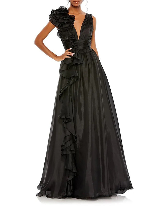 V-neck sleeveless A-line princess floor-length formal evening gown with side slit