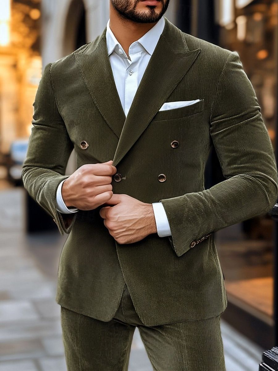 Men's Army Green Solid Corduroy Six-Button Double Breasted Party Suit