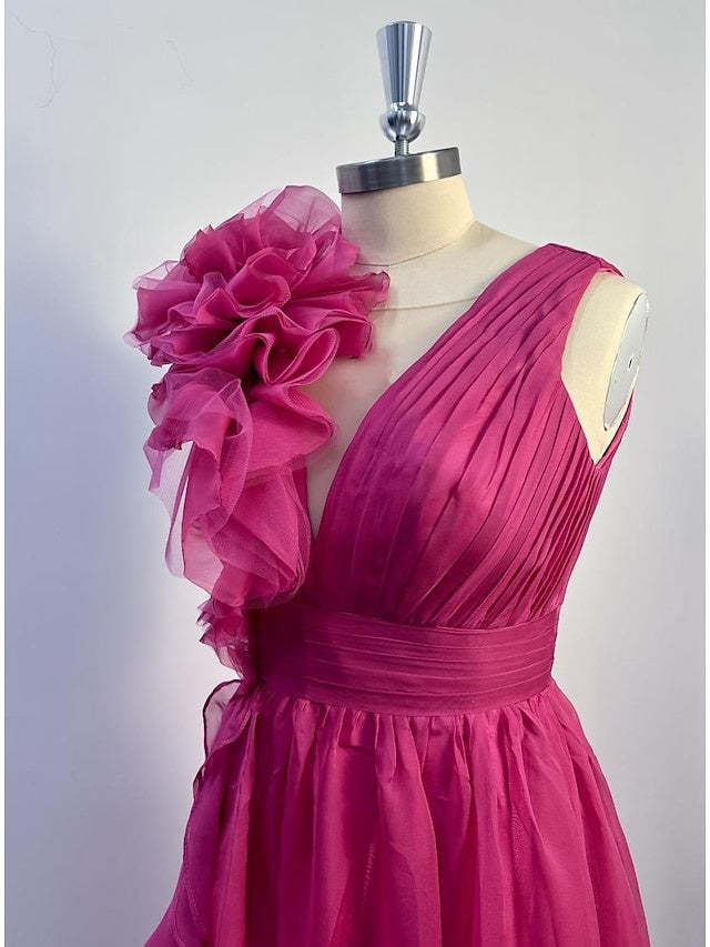 V-neck sleeveless A-line princess floor-length formal evening gown with side slit