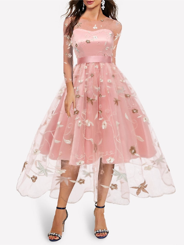 Knee-length A-line princess party dress with off-the-shoulder sleeves and embroidery appliques