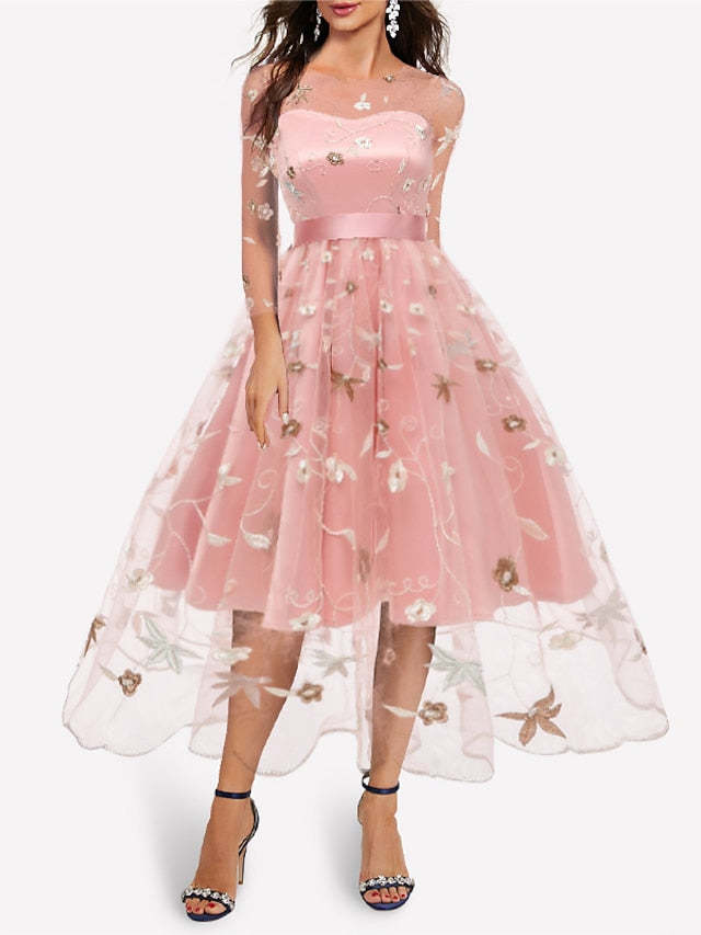 Knee-length A-line princess party dress with off-the-shoulder sleeves and embroidery appliques