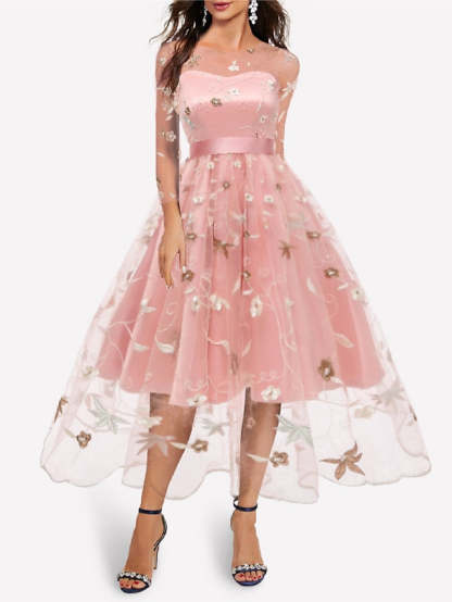 Knee-length A-line princess party dress with off-the-shoulder sleeves and embroidery appliques