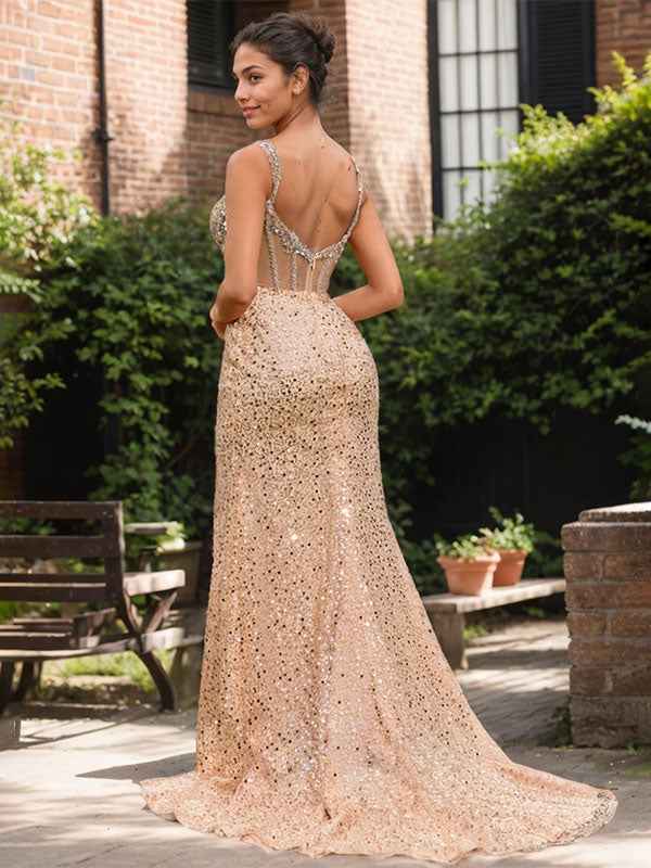 Sparkly Gold Mermaid Long Prom Dress With Beading Slit
