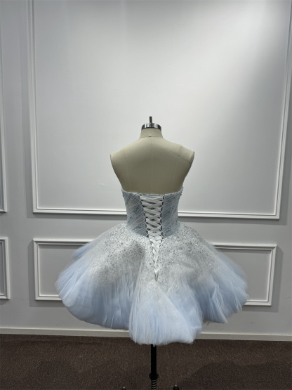 Light Blue Tiered Debutante Gown Strapless Corset Back Ruffle Wedding Dress