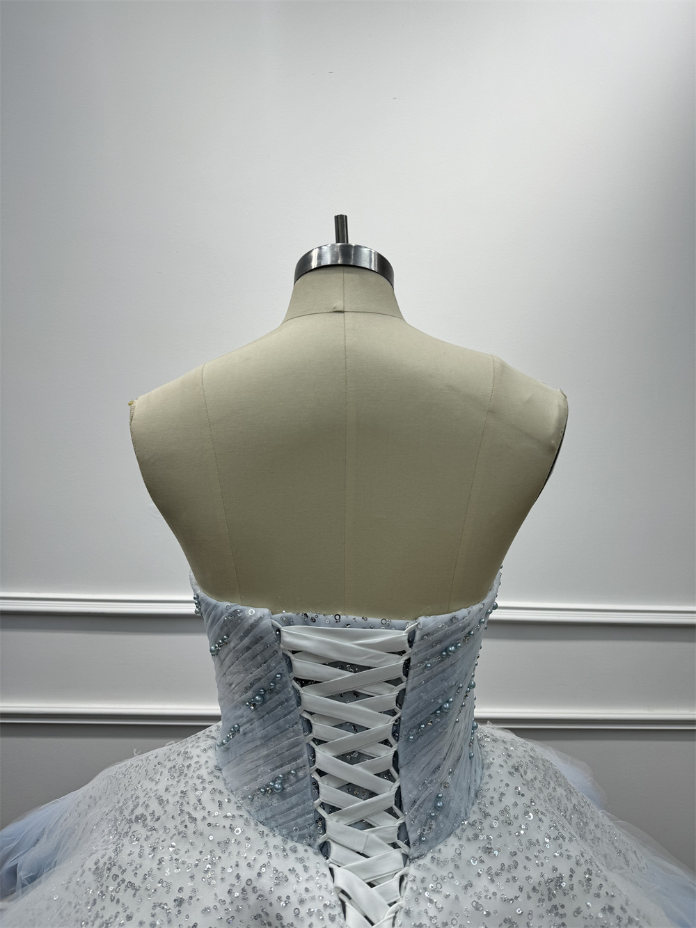 Light Blue Tiered Debutante Gown Strapless Corset Back Ruffle Wedding Dress