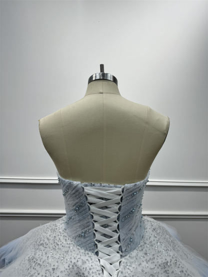 Light Blue Tiered Debutante Gown Strapless Corset Back Ruffle Wedding Dress