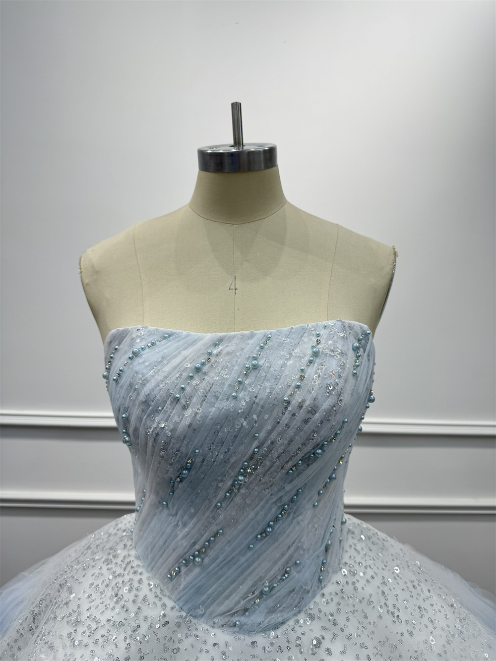 Light Blue Tiered Debutante Gown Strapless Corset Back Ruffle Wedding Dress