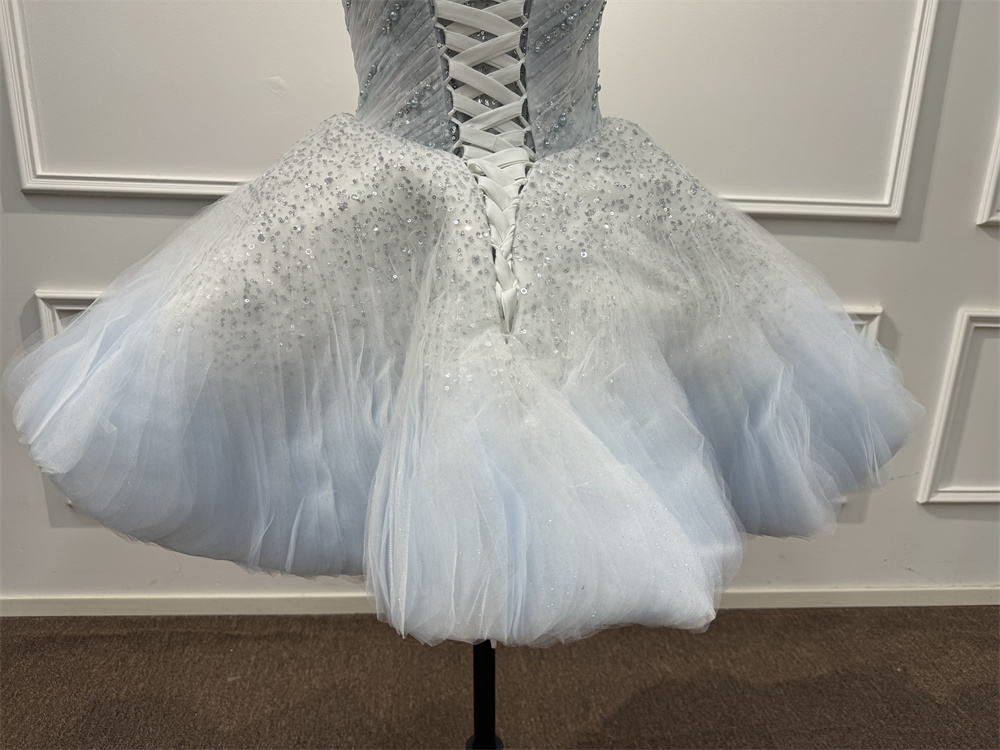 Light Blue Tiered Debutante Gown Strapless Corset Back Ruffle Wedding Dress