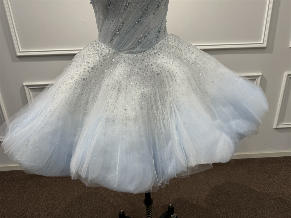 Light Blue Tiered Debutante Gown Strapless Corset Back Ruffle Wedding Dress