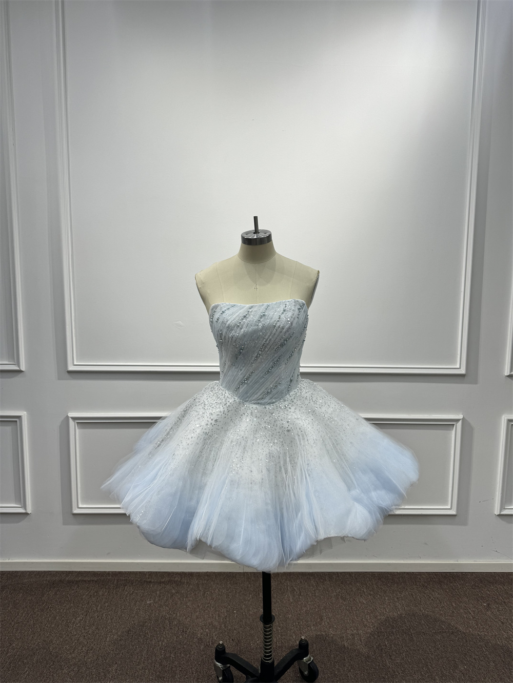 Light Blue Tiered Debutante Gown Strapless Corset Back Ruffle Wedding Dress