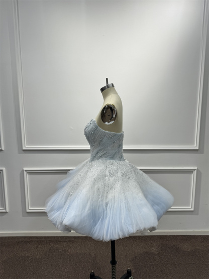 Light Blue Tiered Debutante Gown Strapless Corset Back Ruffle Wedding Dress