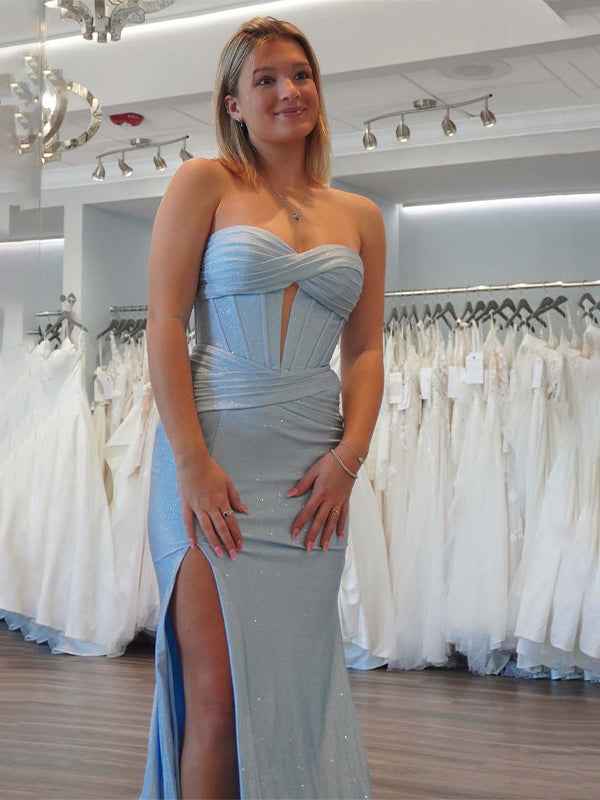 Light Blue Mermaid Strapless Corset Long Prom Dress with Slit