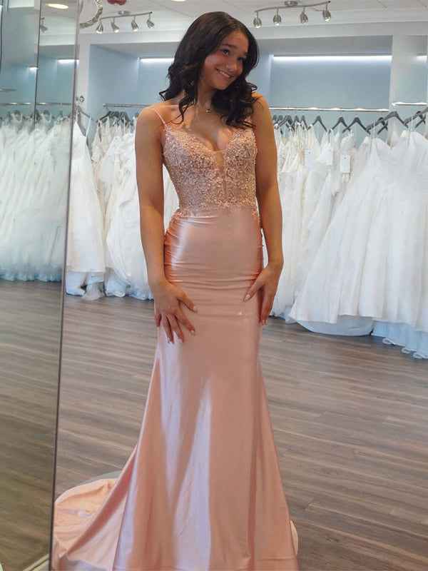 Light Pink Mermaid Spaghetti Straps Satin Appliques Long Prom Dress