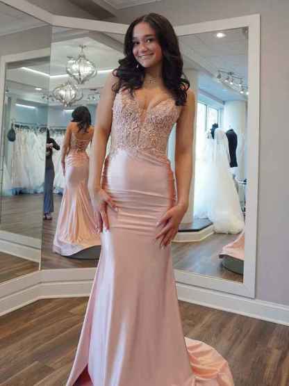 Light Pink Mermaid Spaghetti Straps Satin Appliques Long Prom Dress
