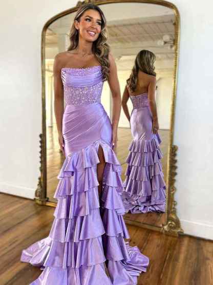 Pink Mermaid Strapless Satin Tiered Long Prom Dress with Sequins